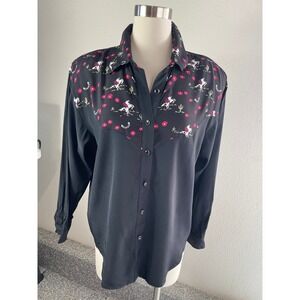 Desert West Sherry Holt Large Vintage Western Floral Steer Skull Rayon Shirt